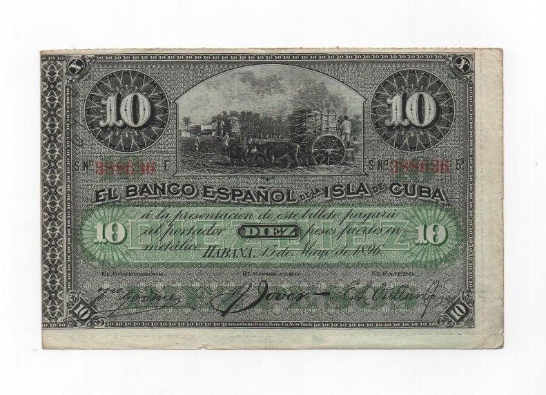 ESPAÑA BILLETE BANCO DE ESPAÑA DEL AÑO 1896 DE 10 PESOS. ISLA DE CUBA